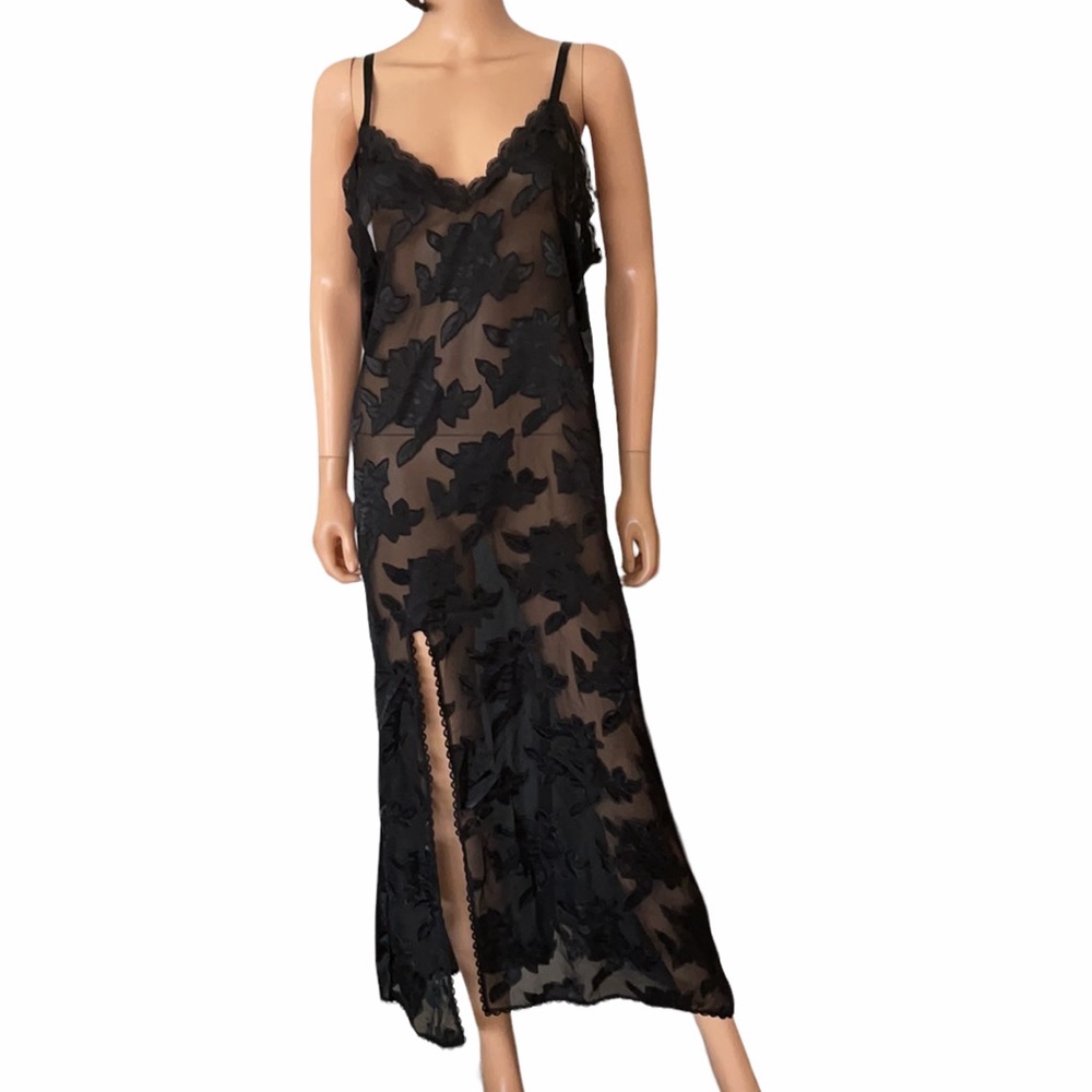 Vintage Black Long Floral Maxi Slip Dress